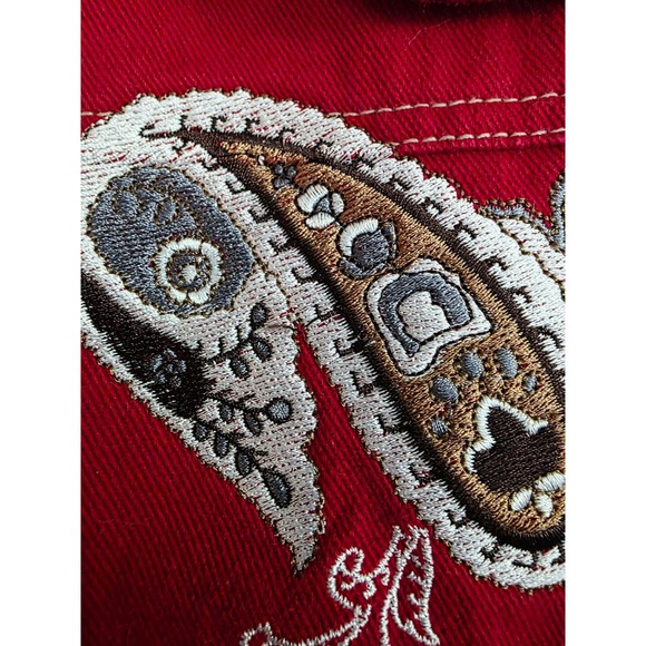 Denim & Co 2X Red Y2K Embroidered Jean Jacket Animal Print Button Boxy Western - Picture 12 of 14